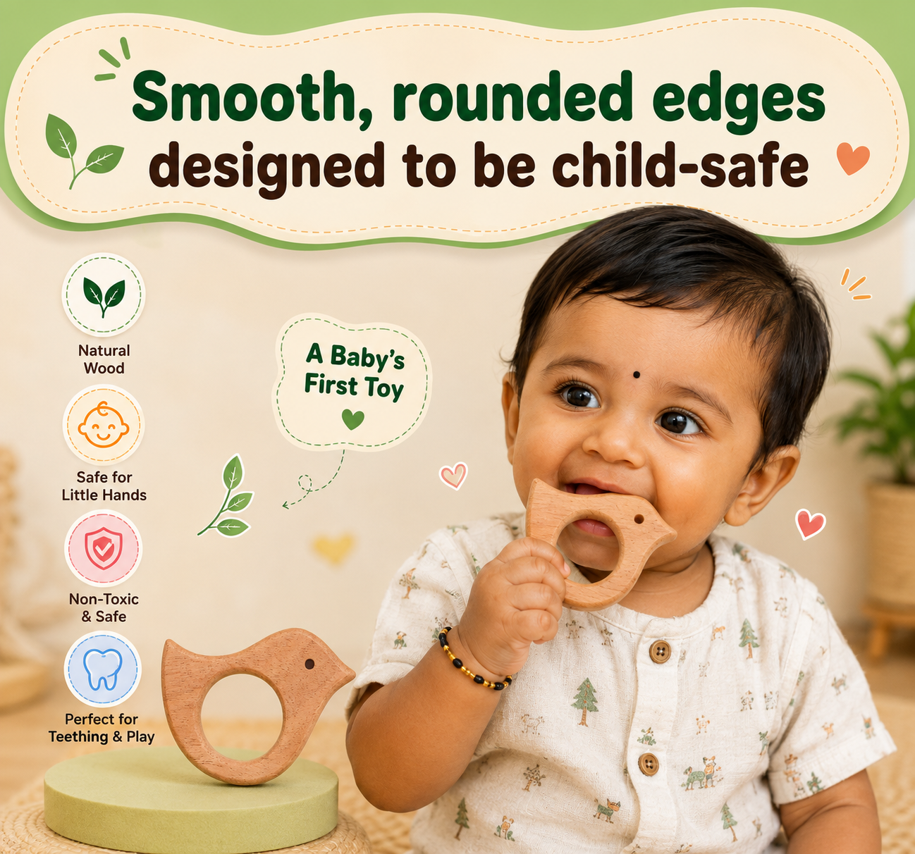 Wooden Sparrow Neem Teether | Natural Neem Wood Baby Teether | 1 Piece | Teething Toy