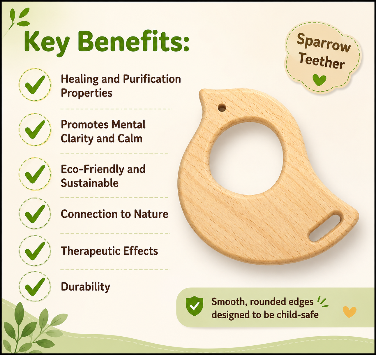 Wooden Sparrow Neem Teether | Natural Neem Wood Baby Teether | 1 Piece | Teething Toy - Image 2