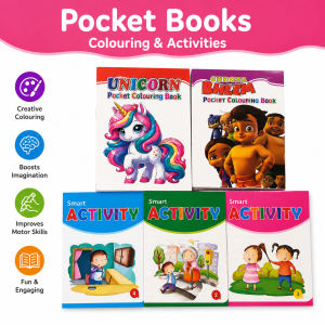 Kids Pocket Activity & Colouring Books | Random Assorted Set of 5 | 3 Activity Books + 2 Colouring Books | Maze, Number Counting & Find the Odd One Out | Travel-Friendly Educational Puzzle Books | Screen-Free Learning & Creative Fun